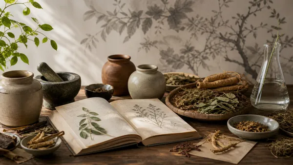 Mesa de estudio botánico con raíces, hojas, frascos de cerámica y un cuaderno abierto