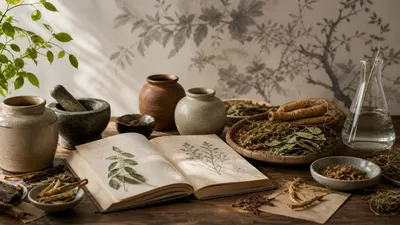 Mesa de estudio botánico con raíces, hojas, frascos de cerámica y un cuaderno abierto