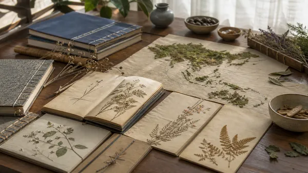Manuscritos botánicos, especímenes de plantas y cerámica sobre una mesa de estudio