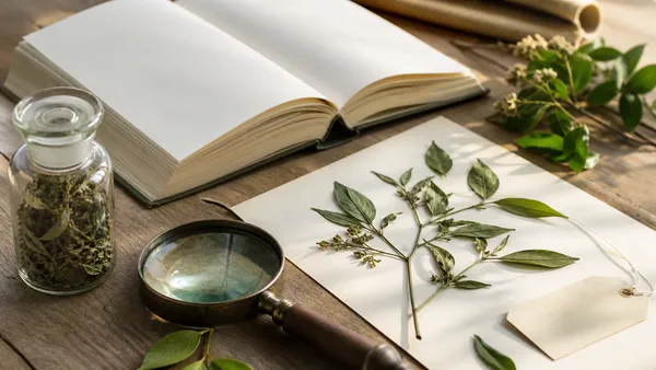 Referencia botánica, hojas medicinales y una lupa para consultar el Vademécum